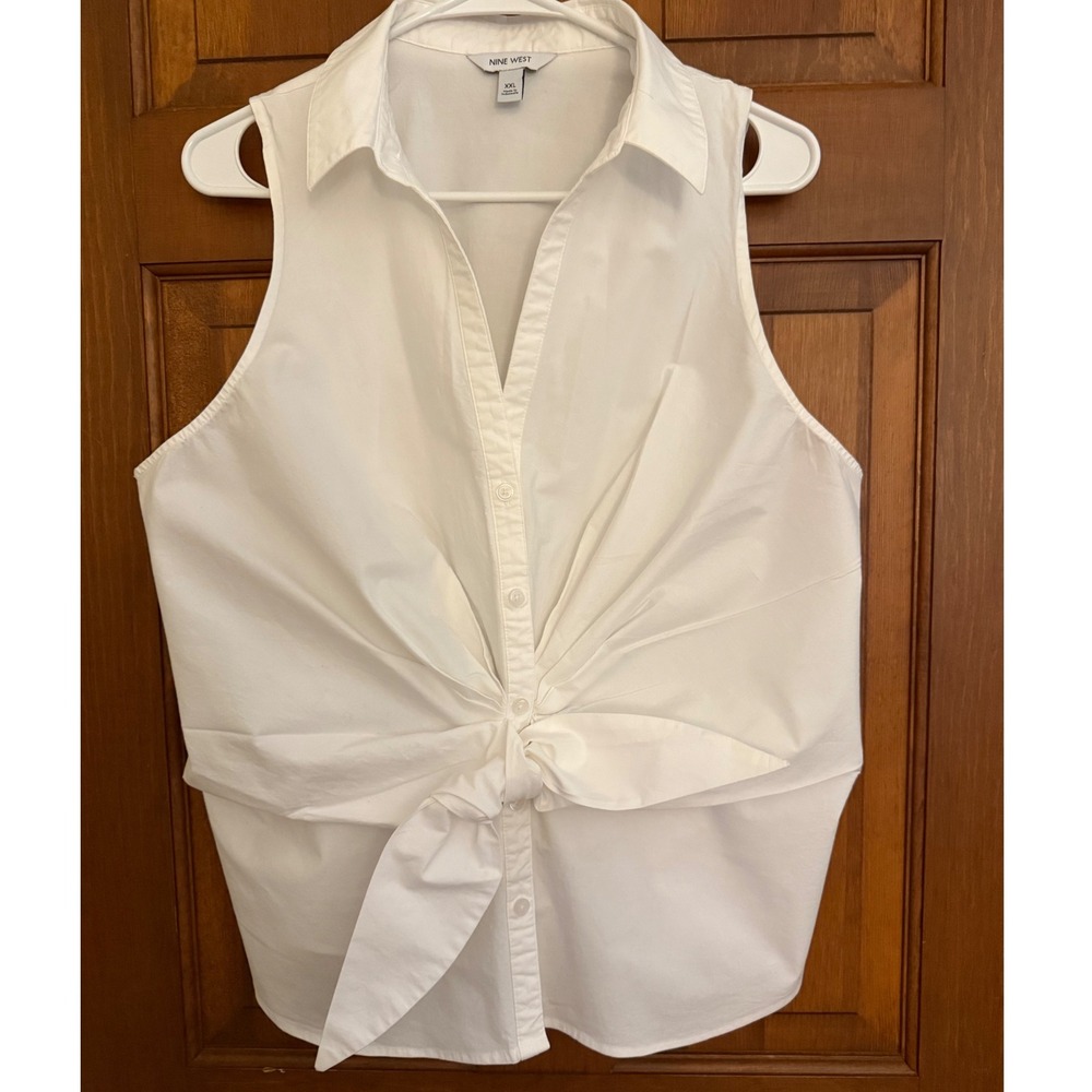 Nine West‎ Sleeveless Tie Front Collared Shirt Womens XXL White Cotton Stretch